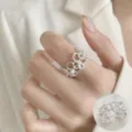 Silver irregular geometric pearl open ring, brushed finish texture exquisite luxury ring variant. - Open Adjustable / Brushed Pearl Embellished Style (JZ5621)