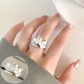 Silver leaf open ring for women, minimalist ins style adjustable minimalist finger jewelry - Abstract Leaf Feather Style (JZ7957)