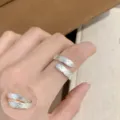 Silver open ring with chic quilted diamond pattern and sparkling crystal accents for women. - Open Adjustable / Rhombus Pave Style (JZ5325)