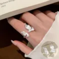 Sweet minimalist silver ring with pearl open design, elegant niche style fashion jewelry. - Open Adjustable / Ginkgo Wings Single Artificial Pearl Open Ring (JZ5481) / Silver