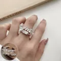 Sweet silver butterfly ring with rectangular zirconia and adjustable open design for women. - Butterfly Flower Rhinestone Style (JZ5008)