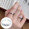 Trendy geometric open ring for women with colorful gemstone details and unique silver finish. - Open Adjustable / Geometric Colored Gemstone Style (JZ6938)