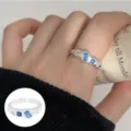 Adjustable silver geometric ring with blue square gemstone and stars for stylish women. - Open Adjustable / Blue Square Gemstone Style (JZ6677)