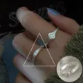Silver open ring with geometric star zircon inlay, unique minimalist stacking finger jewelry for women - Geometric Starburst Brushed Rhinestone Style (JZ7793)