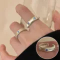 Silver open ring set with blue stones, geometric textured design for women fashionable jewelry. - Open Adjustable / Geometric Brushed Blue Rhinestone Open Ring Set (JZ7356) / Silver