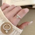 Silver open ring with heart flower charm fashion jewelry for women daily wear accessory gift - Open Adjustable / Heart Flower Pendant Style (JZ5488)