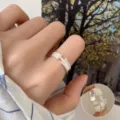 Silver brushed H-motif ring, adjustable open band with sparkling micro-pave crystals for women. - H-Shaped Geometric Brushed Rhinestone Open Rings