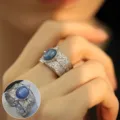 Elegant vintage carved silver ring with blue stone, wide band ring for women daily wear. - Open Adjustable / JZ7269