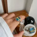Chic blue stone adjustable ring, silver and gold two-tone ins style fashion finger jewelry. - Adjustable / JZ9834