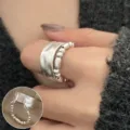 Anillo geométrico minimalista para mujer, joya de dedo abierta y moderna y elegante. - Abierto Ajustable / Estilo de Capas de Cadena de Perlas y Superficie Lisa Ancha (JZ7823)