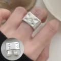 Chunky silver square ring with unique crater texture, trendy minimalist open design for daily wear. - Square Dent Textured Ring(JZ5134)
