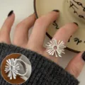 Silver sunburst radiant open ring chic metal index finger jewelry for daily wear style. - Open Adjustable / Radiant Texture Open Ring (JZ7869)