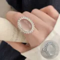 Minimalist silver open ring with clear oval stone and beaded edge, stylish daily finger jewelry. - Open Adjustable / Teardrop Main Stone
