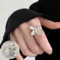 Silver four-leaf clover adjustable ring, minimalist metal geometric aesthetic jewelry piece. - Open Adjustable / Exquisite Clover Shape Polished Open Ring (JZ5507) / Silver