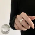 Silver geometric braided open ring for women, trendy ins style adjustable finger jewelry. - Open Adjustable / Dimensional Geometric Woven Irregular Band (JZ5117) / Silver