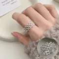 Silver multi-row beaded mesh ring for women, sterling silver adjustable open band jewelry. - Open Adjustable / Multi Row Bead Mesh Intertwined Style (JZ5248)