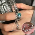 Vintage open finger ring with blue crystal floral details and wave beaded band design for women - Blue Crystal Stacking Open Ring (JZ7233)