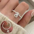 Silver beaded ring with cute heart lock and key pendant adjustable open ring for women - Heart Lock Beaded Ring(JZ7367)
