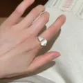 Asymmetric geometric open ring with mother of pearl inlay, stylish silver finger jewelry. - JZ5536