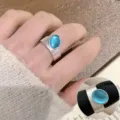 Sweet cool blue sparkle ring for women, elegant textured wide silver open ring fashion jewelry. - Open Adjustable / Blue Fireworks