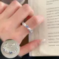 Trendy silver open ring for women featuring brushed texture and blue heart stones. Ins style chic. - Brushed Silver With Blue Gemstone Style (JZ7913)