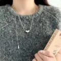 Silver color heart pendant clavicle necklace sweet cool style minimalist fashion jewelry item. - Double Chain Heart Adjustable Choker (XL2248)