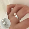 Silver geometric open ring with pearl and Luck engraving, trendy sweet-cool style accessory. - Open Adjustable / Single Artificial Pearl Irregular Square Lettered Ring (JZ6911) / Silver