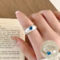 Sweet-cool style geometric brushed irregular open ring with blue heart stone and star details. - Open Adjustable / Blue Heart Rhinestone Star Engraved Open Ring (JZ7982) / Silver