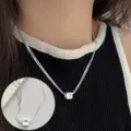 Silver double layer snake chain necklace with square pendant minimalist clavicle variant - Double Layer Snake Chain Square Style (XL2246)