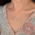 Silver bow necklace with pink heart crystal pendant delicate clavicle chain fashion - Bowknot Rhinestone Pink Heart Luxury Chain (XL2047)