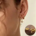 Gouden ster creolen oorbellen, minimalistische kleine hangende oorbellen voor dames. - Dubbellagige Ring Vierzachtige Ster Strass Hanger Stijl (ED2197)
