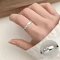 Minimalist geometric brushed silver ring with cute smile face, adjustable open style. - JZ5058