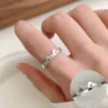 Minimalist silver cat ring with brushed texture, adjustable open finger ring for women. - JZ5057