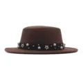 Brown flat top hat detail view, featuring elegant black ribbon with pearls and cute floral metal studs. - 57cm / Coffee