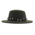 Elegant women flat-top wool fedora hat with pearl flower band autumn winter british style - 57cm / Army Green