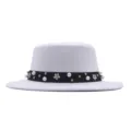 Elegant white flat top felt hat for women featuring a black ribbon with pearls and flower studs. - 57cm / White