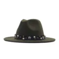 Modischer armegruener Wollfilz Fedora Hut mit Perlen Band für Damen Herbst Winter - M (56-58cm) / Armeegrün