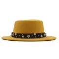Elegant yellow flat top fedora hat with black pearl beaded band for women detail shot. - 57cm / Yellow