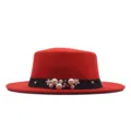 Damen Roter Wolle Fedora Hut Flacher Top Britischer Stil Perle Band Elegante Winter Mütze - Kinder 54cm / Rot