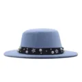 Women fashion light blue flat top hat chic pearl ribbon wool felt hat elegant winter warm cap - 57cm / Sky Blue