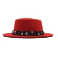 Women autumn winter red flat top fedora hat with black pearl beaded band fashion wool hat - 57cm / Red