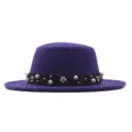 Purple wool flat top bowler hat for women featuring elegant pearl and floral ribbon band - 57cm / Deep purple