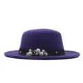 Eleganter violetter Woll-Flachtop-Hut mit Perlenband-Dekoration für Damen Frühling Herbst - Dunkellila
