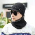 Conjunto de gorro de punto grueso para hombre con visera y braga de cuello negra - Sombrero Solo / Negro sólido