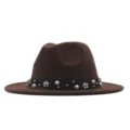 Brauner Wollfilz Fedora Hut mit schwarzem Band, verziert mit eleganten Perlen und Blumen. - M (56-58cm) / Kaffeebraun
