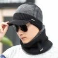 Conjunto de gorro y bufanda de punto polar de invierno para hombre, gris negro visera cálido. - Sombrero Solo / Bloque de Color Negro