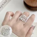 Wide openwork silver ring with geometric lace hollow design for women fashion daily jewelry. - Open Adjustable / Wide Lace Mesh Geometric Style (JZ7998)