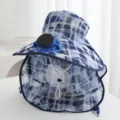 Cappello da sole a quadri blu con ventola solare e maschera facciale anti-UV a tesa larga estiva. - Solo Cappello (Senza Ventilatore) / Blu navy