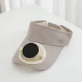 Nahaufnahme Detail eines sommerlichen Khaki-Sonnenschirms mit integriertem Solarventilator. - Khaki
