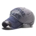 Casquette de baseball en jean délavé avec broderie stylée et bord en cuir élégant. - Réglable / Bloc de Couleur Gris Bleu (3)